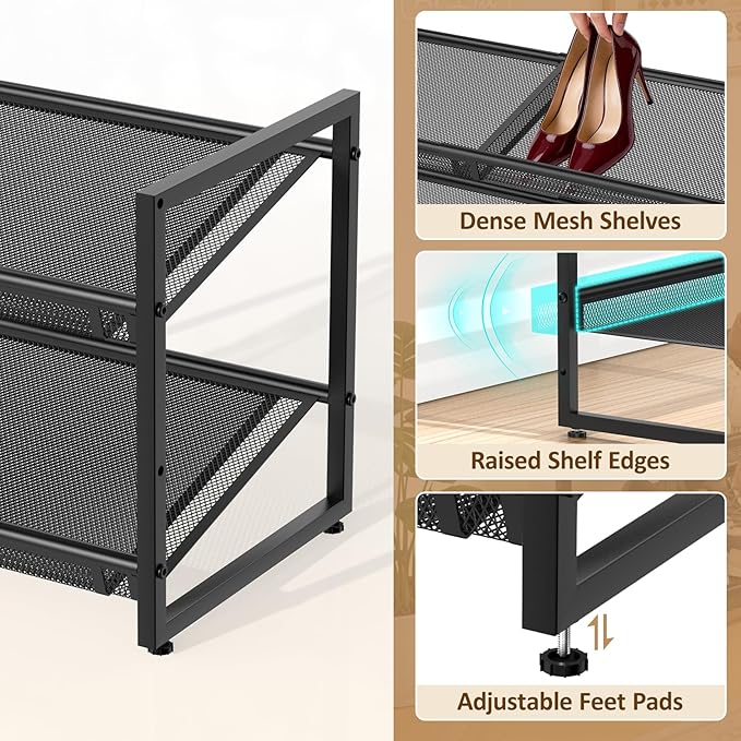 Expandable Shoe Rack, 2 Tier Adjustable Shoe Organizer with Flat & Slant Dual Use Design, Space Saving Shoes Stand for Closet