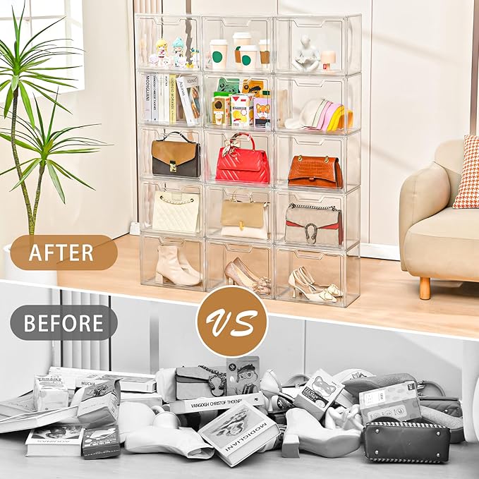 Freebat Stackable Storage Bins,Clear Acrylic Display Case, Acrylic Boxes with Lids, Stackable Storage for Handbags & Purse, M