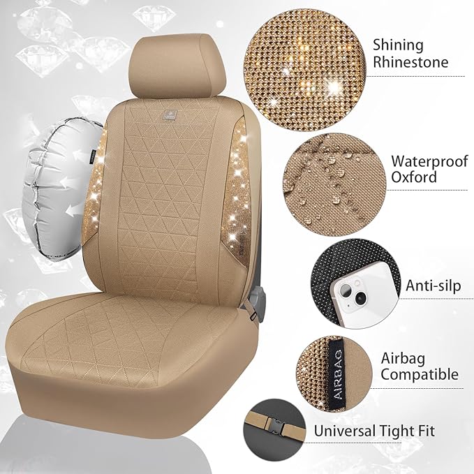 CAR PASS Beige Oxford Bling Diamond Car Seat Covers Full Set Interior Sets, Waterproof Shining Glitter Sparkly Crystal Univer