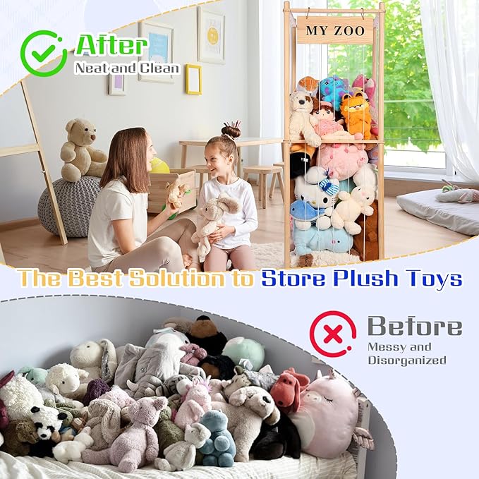 GLDZI Stuffed Animal Storage Zoo, Wooden Stuffed Animal Organizer with Elastic Cords for Boys Girls, Space Saving Toy Plushie