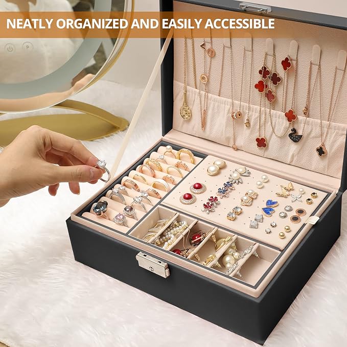 Jewelry Boxes for Women Girls 2 Layers leather Jewelry Organizer Case with Lock Storage Box Removable Tray for Necklace Earri