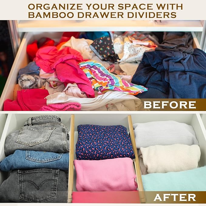 8 Pcs Deep Bamboo Drawer Dividers, Deep Kitchen Dresser Drawer Organizer with Spring Loaded for Clothes, Adjustable Expandabl