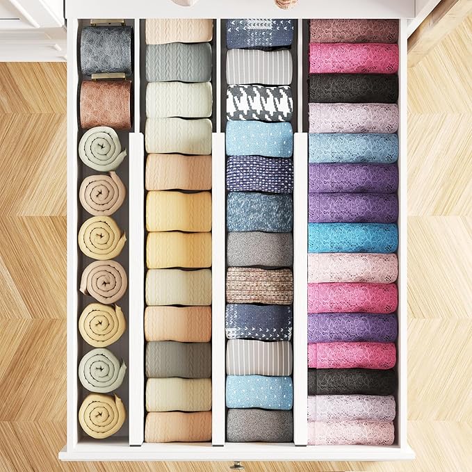 SpaceAid Bamboo Dresser Drawer Dividers 6 Pack, 4.65“ High Adjustable 17“-22” Drawer Organizers, Expandable Organization for 