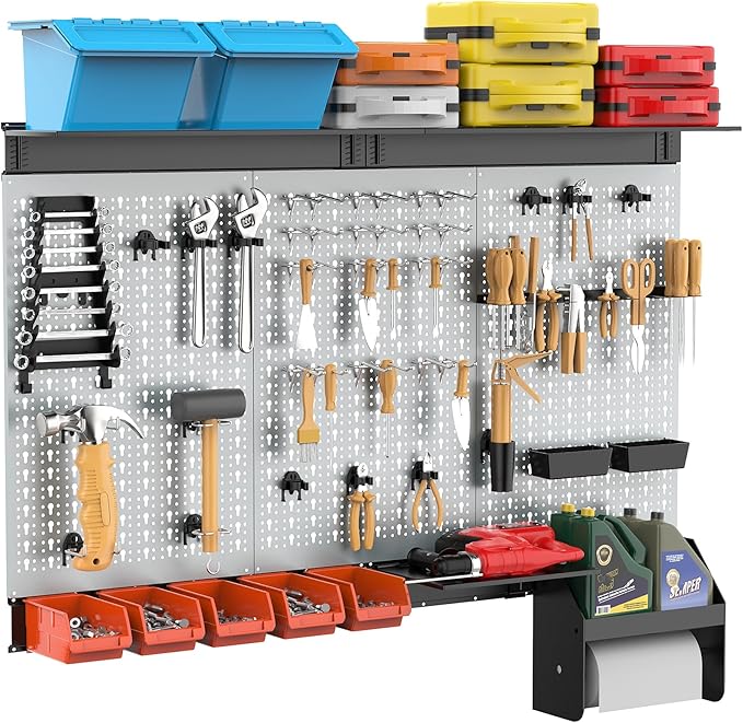 TORACK Pegboard Wall Organizer 4 ft. Garage Metal Pegboard Tool Organizer System, Tools Storage Peg Board Kit with Hooks and 