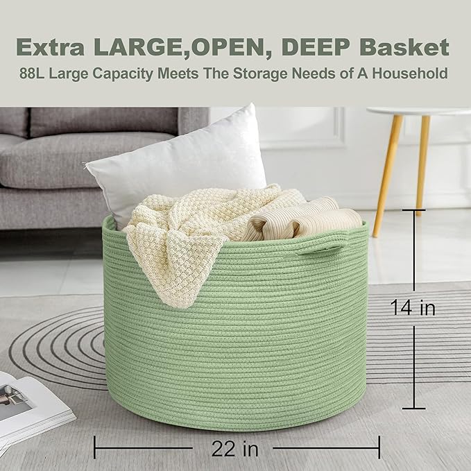 MEGASKET Extra Large Green Basket, 22" X 22" X 14" Woven Cotton Rope Baskets for Blankets, Nursery Laundry Basket, Cute Kids 