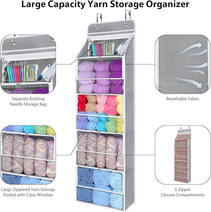 Univivi Hanging Yarn Storage Organizer with 5 Zipper Closure Compartments, Large Capacity Knitting Organizer Storage, Over th
