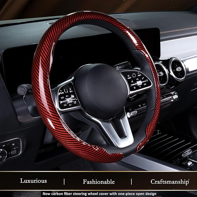 Aimato Car Steering Wheel Cover Carbon Fiber, Ultra-Thin Car Steering Wheel Cover,Comfortable & Breathable Microfiber,Universal Fit for Most Cars, Bright Red