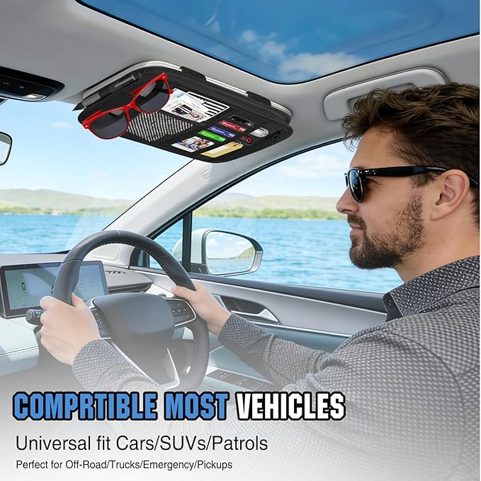 HUANLANG Car Sun Visor Organizer, Tactical Car Accessories with Zipper Storage Pouch, Glasses Clip Card Sleeve Pocket, Multi-Pocket Visor Organizer Fits Most Cars, SUVs, Trucks