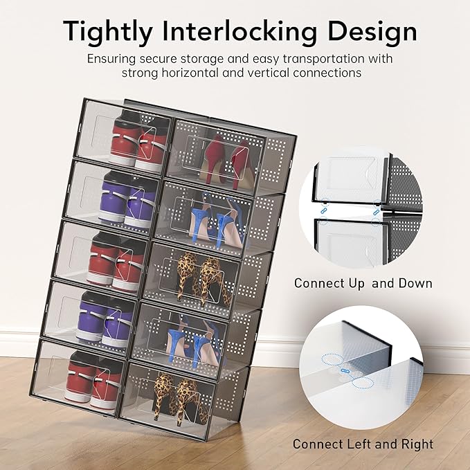 Foluck X-Large Shoe Storage Box, 15 Pack Clear Plastic Stackable Shoe Organizer for Closet, Interlocking Design Shoe Containe