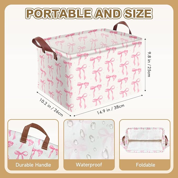 Pink Bow Storage Basket Waterproof Canvas Toy Storage Bin Coquette Room Decor Collapsible Outdoor Basket with Leather Handles