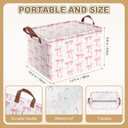 Pink Bow Storage Basket Waterproof Canvas Toy Storage Bin Coquette Room Decor Collapsible Outdoor Basket with Leather Handles