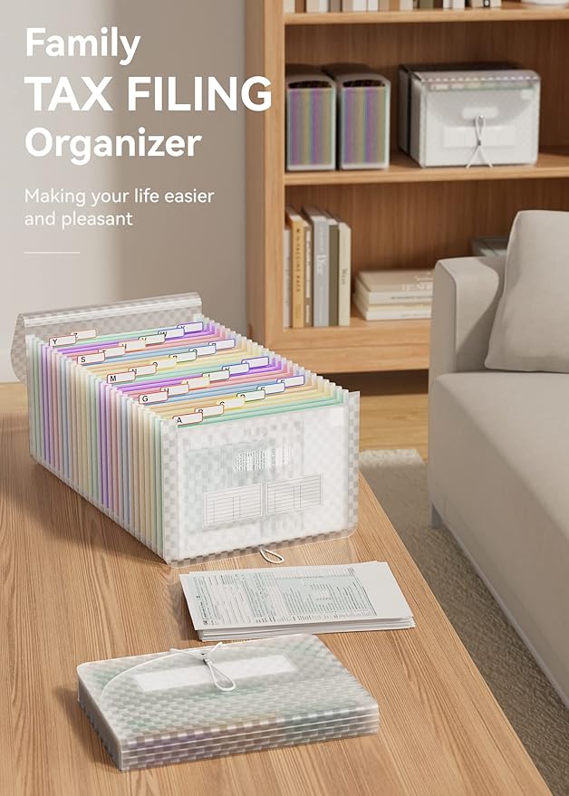 ABC life 26-Pocket Accordion File Organizer, Expandable Monthly Bill & Receipt Holder with Colored A-Z Tabs, Portable Folder 