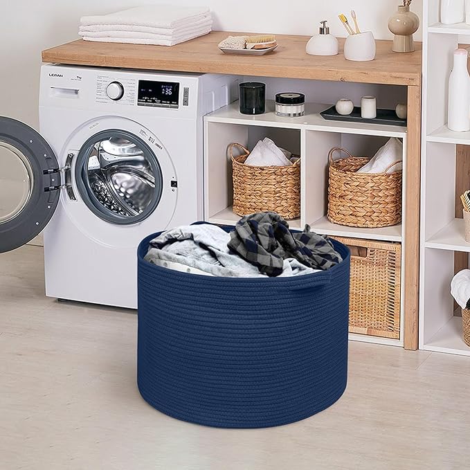 MEGASKET Dark Blue Basket for Organizing, 22" x 14" Extra Large Woven Cotton Rope Laundry Basket, Blanket Storage for Living 