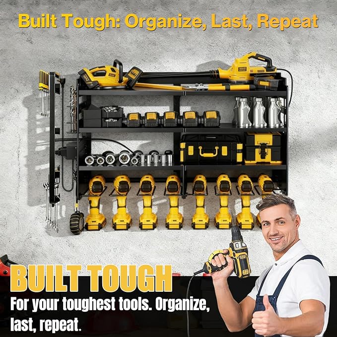 Heavy Duty Power Tool Organizer Wall Mount with Charging Station, 4 Layer Tool Storage Rack with 8 Drill Holder & Power Strip