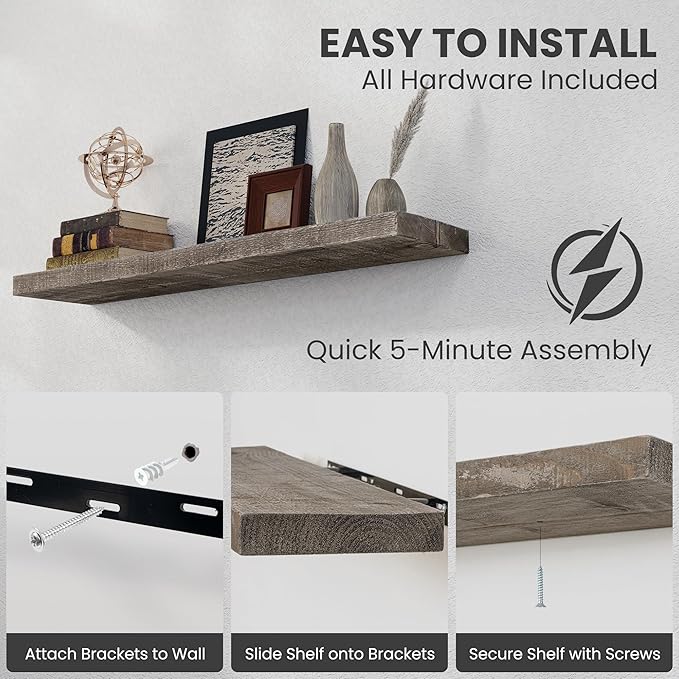 Floating Shelves Reclaimed Barnwood, 8" Deep Solid Wood Floating Shelf Wall Hanging Shelves with Invisible Heavy-Duty Metal B