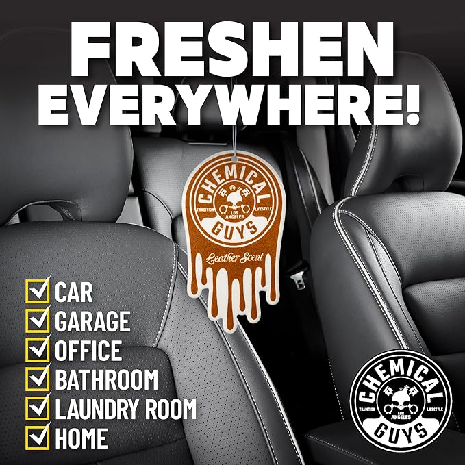 Chemical Guys Hanging Air Fresheners - Leather Scent for Cars, Trucks, SUVs, RVs, Home, Office, Work, Dorm Room, & More - 12 