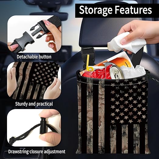 Car Trash Bag Large Hanging Can for Back of Seat, Cute Waterproof Car Garbage Bag for Vehicle, Travelling, Outdoor Cool American Flag