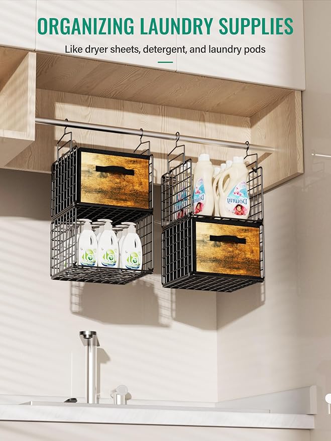 Hanging Closet Organizer with Drawers, 4 Tier Metal Closet Organizers and Storage with 4 Hanging Hooks 4 S-Hooks for Wardrobe
