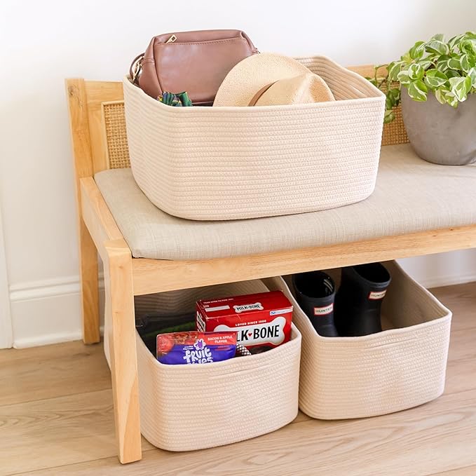 NaturalCozy Storage Baskets 16.8”x13”x7.6” Cotton Rope Woven Baskets for Organizing 3-Pack | Toy Storage Bins | Basket for Sh