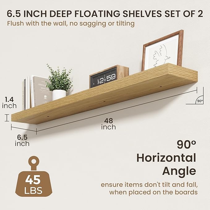 48 Inch Floating Shelves | 6.5 Inch Deep Oak Floating Shelves Set of 2 | 48" W x 6.5" D Rustic Oak Shelves with Invisible Bra