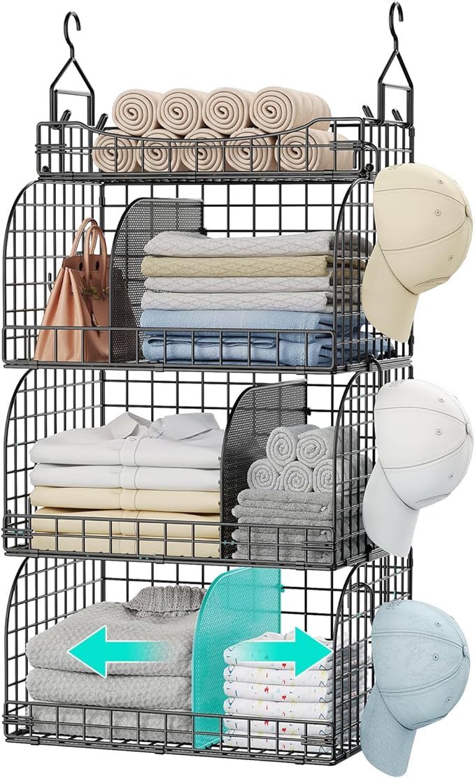 HapiRm Hanging Closet Organizer Storage - 4 Tier Metal Stackable Hanging Closet Shelves with Dividers and S Hooks, Foldable C