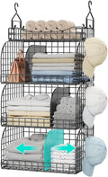 HapiRm Hanging Closet Organizer Storage - 4 Tier Metal Stackable Hanging Closet Shelves with Dividers and S Hooks, Foldable C