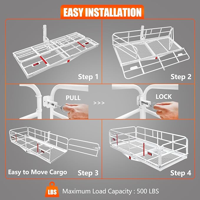 KAIRAY 500 Lbs Heavy Duty Hitch Mount Cargo Carrier 60" x 24" x 14.4" Folding Cargo Rack Rear Luggage Basket Fits 2" Receiver for Car SUV Camping Traveling (White)