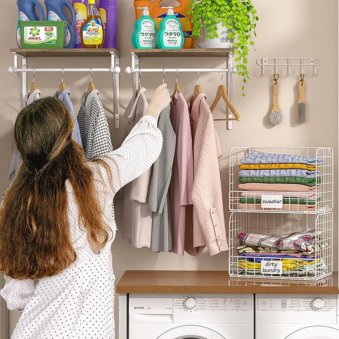 DAOUTIME 2 Set Laundry Room Wall Mounted Shelves With Wire Storage Baskets, Over Washer and Dryer With Hanging Rods and Hooks