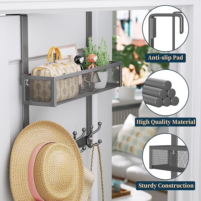 Consumest Over The Door Hooks Organizer - Over Door Hanger with 16 Hooks & 2 Baskets for Hanging Coat, Clothing, Towel, Hangi