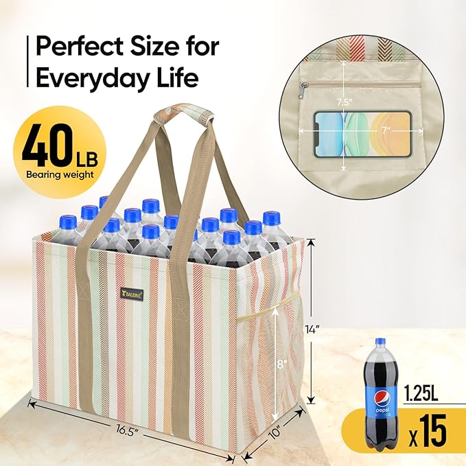 BALEINE Extra Large Utility Tote Bag with Reinforced Wire Frame, Reusable Grocery Bag for Shopping, Picnic (Color Strip, 16.5''x14''x10'')