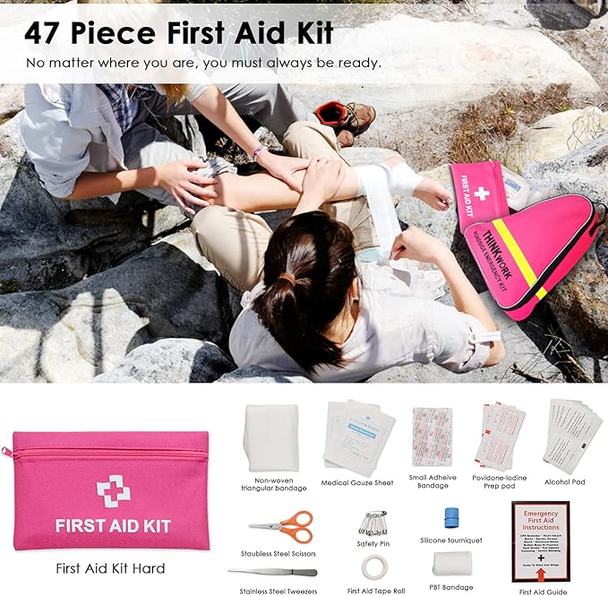 THINKWORK Car Emergency Kit for Teen Girls and Lady's Gifts, Pink Emergency Roadside Assistance Kit with 10FT Jumper, First A