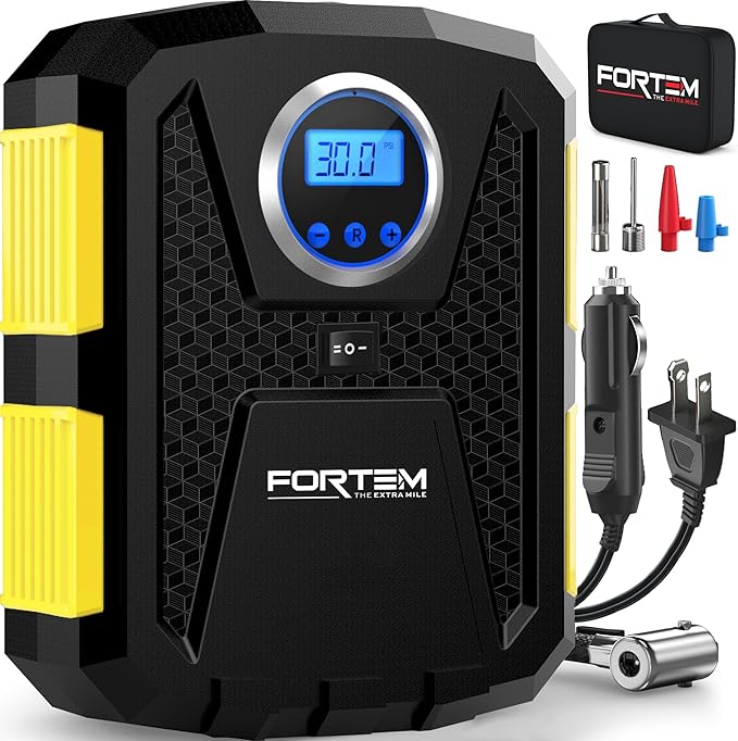 FORTEM Tire Inflator Portable Air Compressor, Air Pump for Car Tires and Bikes, Car Tire Pump w/Auto Shut Off, 150 PSI, 110V AC 12V DC, LED Light, Carrying Case, for Men, Women