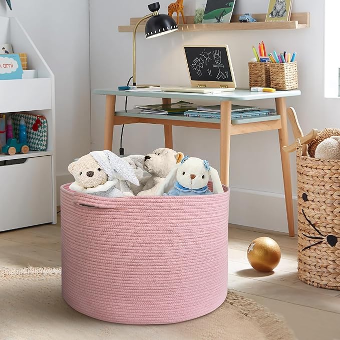MEGASKET Extra Large Pink Basket, 22"x22"x14" Woven Cotton Rope Bin with Handles, Blanket Storage for Living Room, Baby Kids 