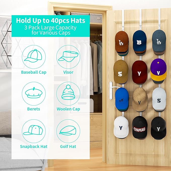HapiRm Over Door Hat Rack - 3 Packs Hat Organizer with 12 Hooks Design, Hanging Baseball Cap Organizer Storage Holds Up to 60
