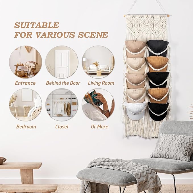 Macrame Hat Hangers for Wall Handmade Boho Baseball Cap Hanger Hand Knitting Cap Organizer Hat Holder for Wall Over Door Ball