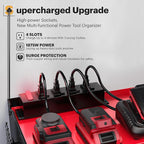 Spampur Power Tool Organizer Wall Mount with Charging Station, Tool Battery Holder with 4 Outlet Power Strip, 15 Min Assembly