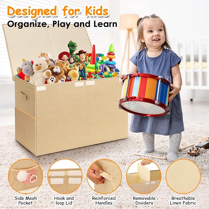 Large Toy Storage Box with Lid Upgraded Toy Chest Organizer with Removable PP Divider Foldable Toy Bin for Kids Boys Girls Li