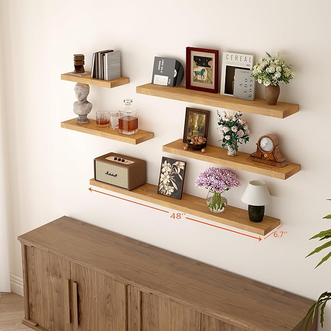 BGMG Wood Floating Shelves 48 inch Set of 2, Rustic Wooden Wall Mount Shelves for Living Room Bedroom Kitchen Farmhouse-48x6.