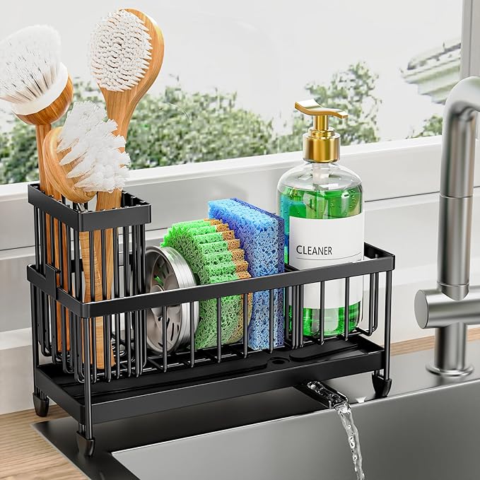 Cisily Sponge Holder for Kitchen Sink, Sink Caddy Organizer with High Brush Holder, Kitchen Countertop Organizers and Storage