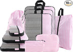 U+U 10 Set Compression Packing Cubes - Ultralight Pink Stripe Travel Organizers with Laundry Bag, Space-Saving Suitcase Organ