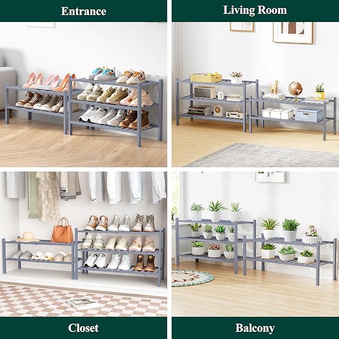 Smiry Bamboo Shoe Rack for Closet, 3 Tier Small Wooden Stackable Shoe Organizer, Free Standing Shoes Storage Shelf for Entryw