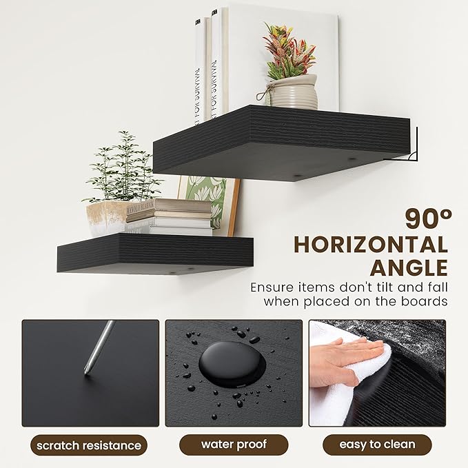 Deep Floating Shelves | 16 Inch Black Floating Shelves Set of 2 | 12 Inch Deep Black Wall Shelves | Deep Shelves for Living R