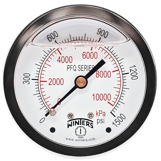 Winters 2-1/2" Dial Size, Liquid Filled Industrial Pressure Gauge, Brass Internals, Stainless Steel Case, Dual Scale 0-1,500 psi/kPa, 1.5% Acc, 1/4" NPT Back Mount, Glycerin Filled Pressure Gauge