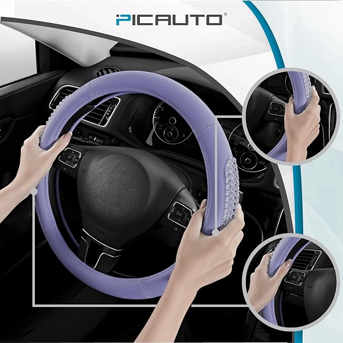PIC AUTO Steering Wheel Cover, Glitter Gel Particles & Purple Luxury Leather Car Steering Cover, Universal Fit 14.5"-15.5" An