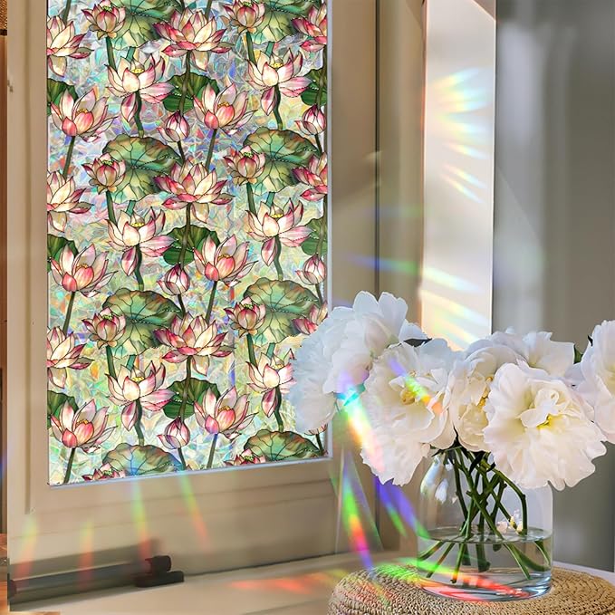 Niviy Lotus Flowers Stained Glass Window Film, Rainbow Window Film Glass Decals Sun Protection Decals for Car Moonroof, Windows Tint for Home Bathroom (16.93 x 39.37inch)