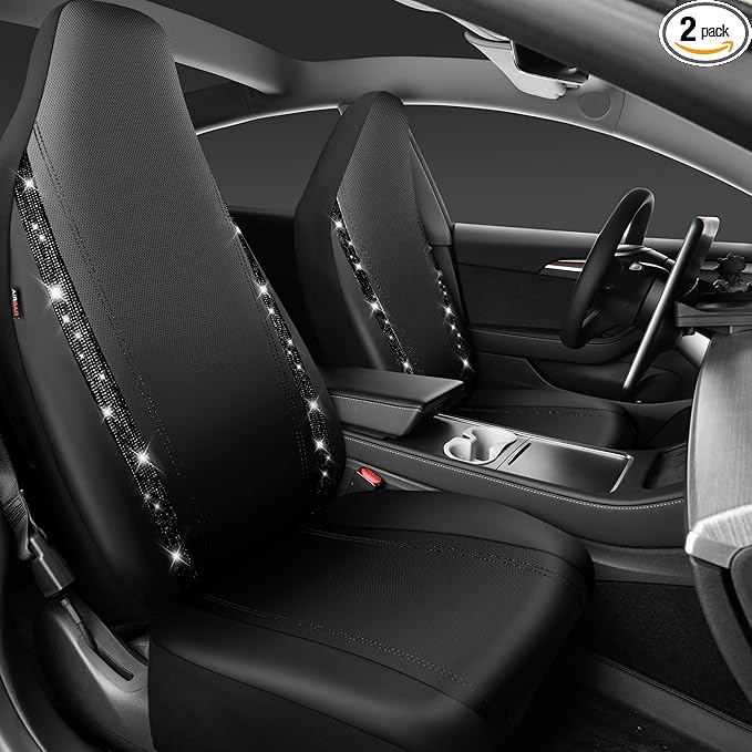 CAR PASS Leather Car Seat Covers High Back Bucket Bling Diamond Front Seats, Waterproof Universal Shining Glitter Crystal Sparkle Fit Model 3 Tesla Model Y, Truck SUV Cute Women Girl, Black Rhinestone