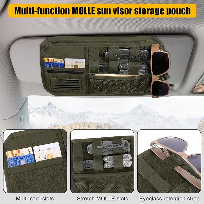 Car Sun Visor Organizer, Tactical Sunvisor Organizers Storage Covers for Trucks, Molle Panel with Pockets Zipper Visor Storage Pouch Accessories, Fits Most Vehicles, SUVs & Jeeps (RG)
