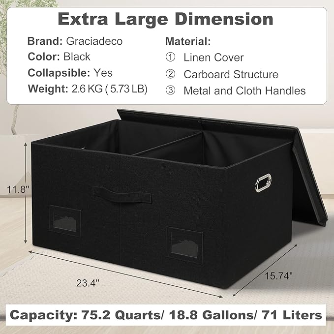 Graciadeco 75 Quarts Extra Large Decorative Storage Bins with Lids, 3 Packs Black Collapsible Storage Bins with Lids, Stackab