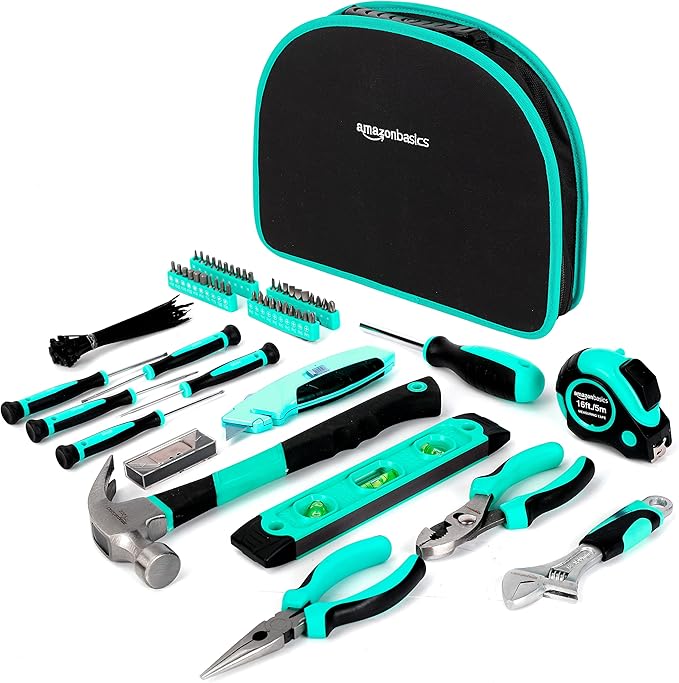 Amazon Basics 104-Piece Home Repair Household Tool Set with Easy Carrying Round Pouch, Portable Hand Tool Kit, Turquoise, 14.