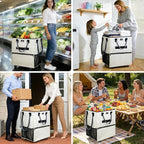 Reusable Grocery Bag On Wheels, 70L Foldable Rolling Tote with 6 Pockets & 3-Way Carry, Heavy Duty Handles, Zippered Top for Groceries, Laundry, Storage, Medium, Beige